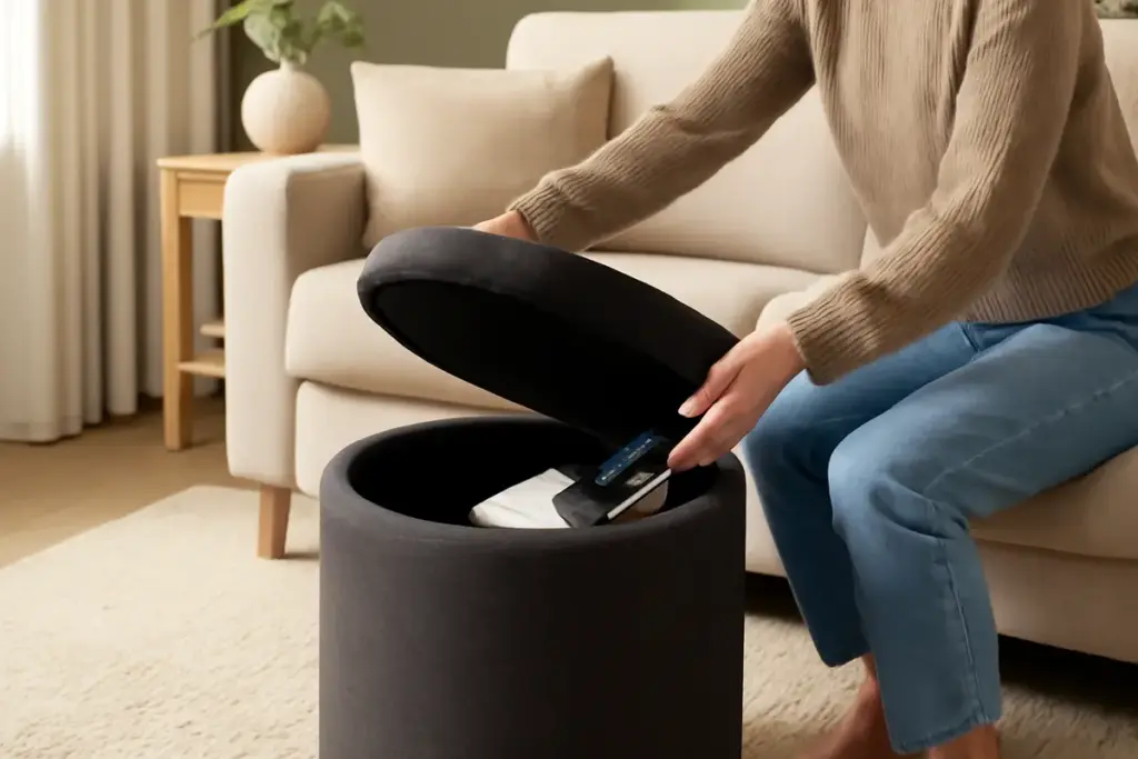 Pouf contenitore per salotto: organizza e arreda con un solo gesto pratico
