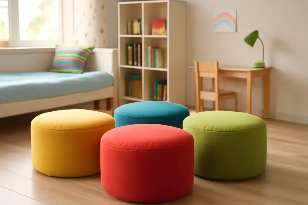 Sedute pouf multicolore in cameretta: il trucco per ravvivare subito l’ambiente senza fatica